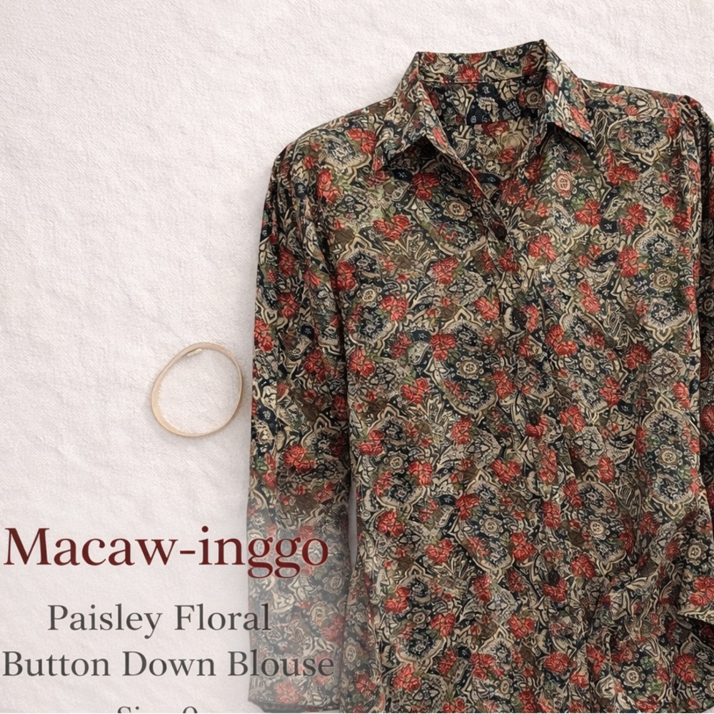 Macaw-Inggo Blouse Vintage Paisley Floral Button Down Blouse Retro Size Medium - Picture 12 of 12